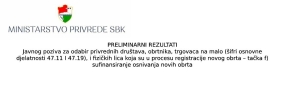 PRELIMINARNI REZULTATI Javnog poziva za odabir privrednih društava, obrtnika, trgovaca na malo i fizičkih lica koja su u procesu registracije novog obrta