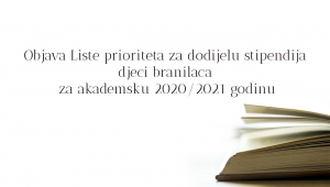 Objava Liste prioriteta  za dodjelu stipendija djeci branilaca za akademsku 2020/2021 godinu